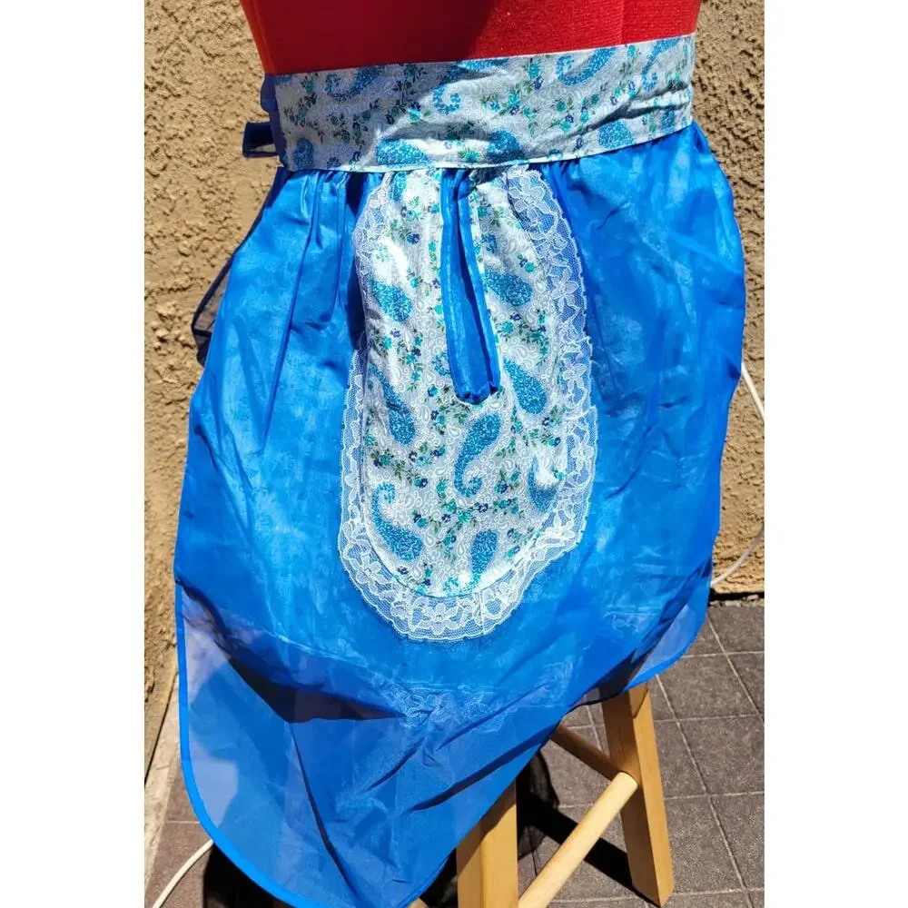 Vintage Reversible Chiffon Cotton Half Apron Blue Paisley Flowers MCM Hostess